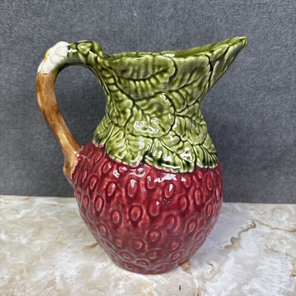 Vintage Olfaire Portugal Strawberry Majolica Style Red Green Ceramic 9.5” Flower